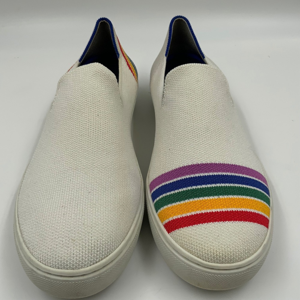 Rothys The Sneaker White Rainbow Stripe Heart SF Slip On Shoes Womens 8